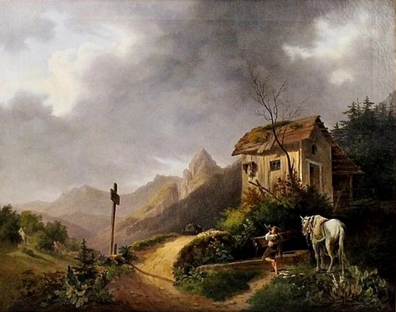 Paesaggio con viaggiatore alla fontana